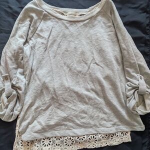 Monteau Light Gray Boatneck Top with Crochet Trim